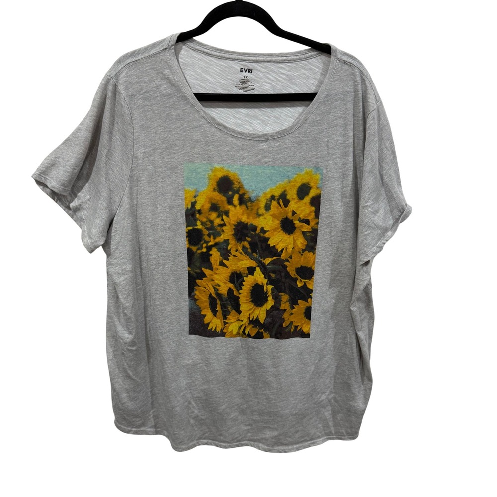 EVRI WomensPlus Size 2X Sunflower Graphic Tee Gray Short Sleeve Scoop Neck Shirt